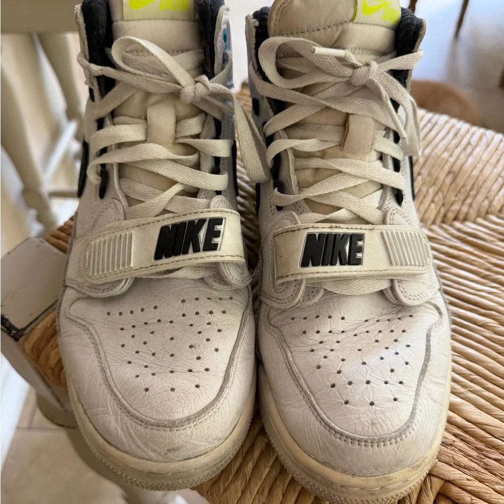 Men's White and Black High-Top Athletic Sneakers with Neon Yellow Accent